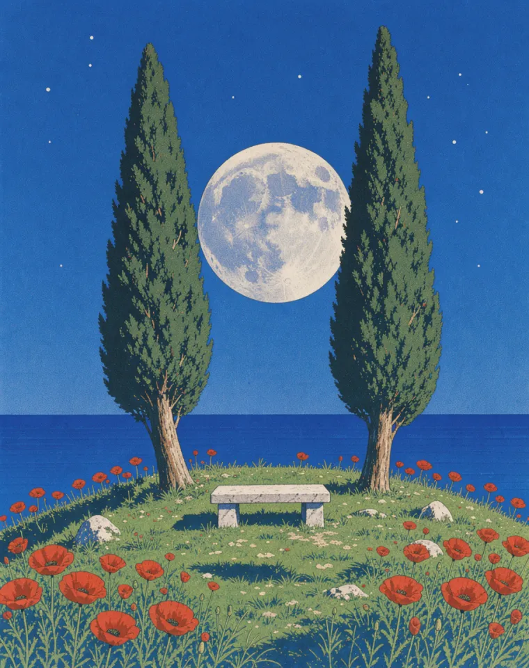 Two cypress trees leaning toward each other under the moon