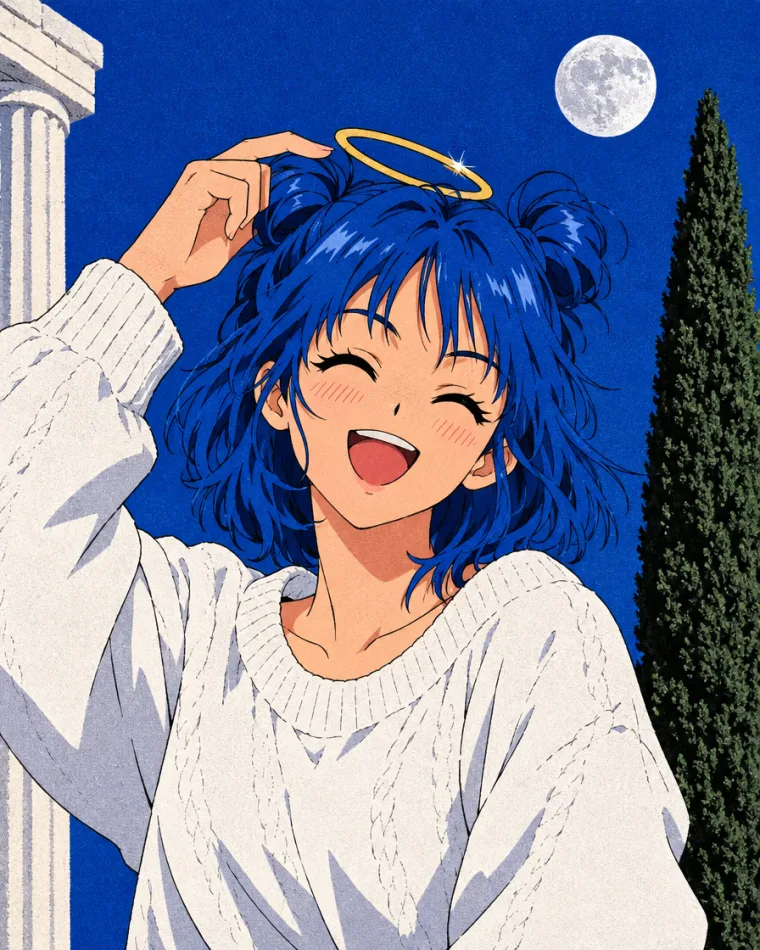 The girl laughing, fixing her halo
