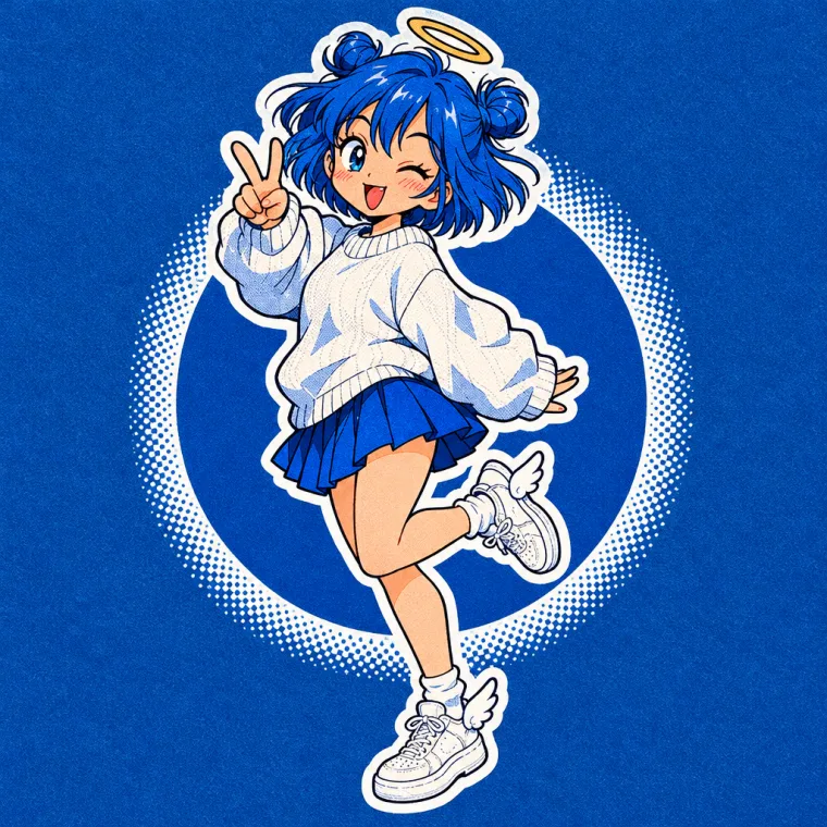 The blue-haired girl winking with a peace sign