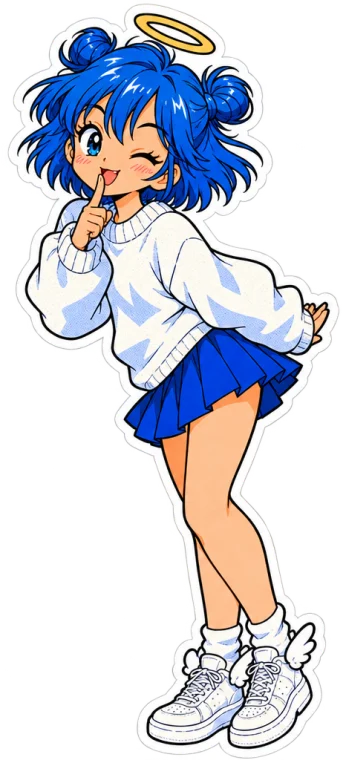 The mascot with a finger on her lips, winking