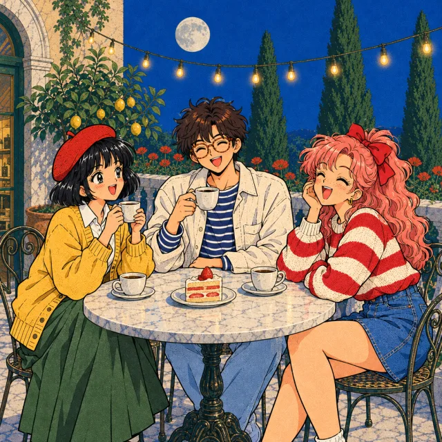 Mei, Kai and Rosa laughing together at a café table