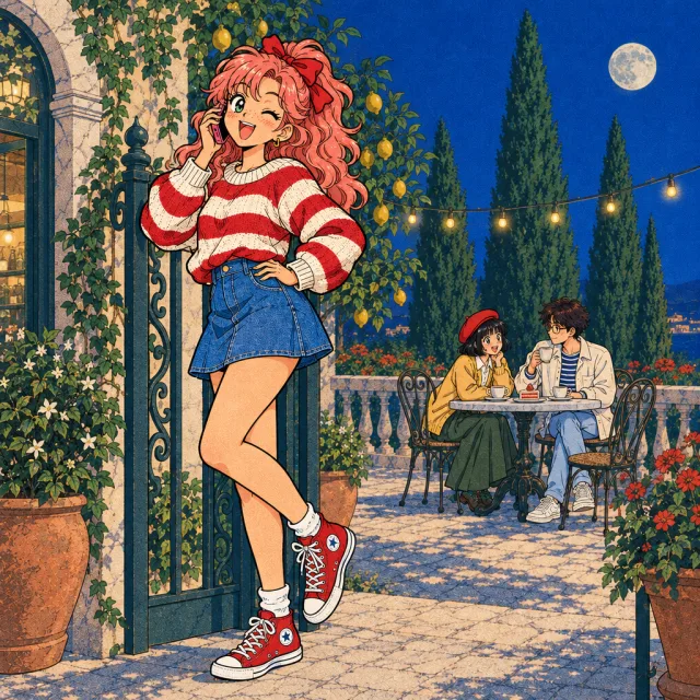Rosa outside the café, laughing on her phone