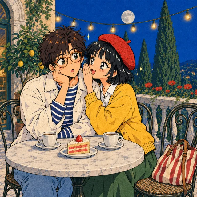 Mei whispering into Kai's ear while Rosa's chair is empty